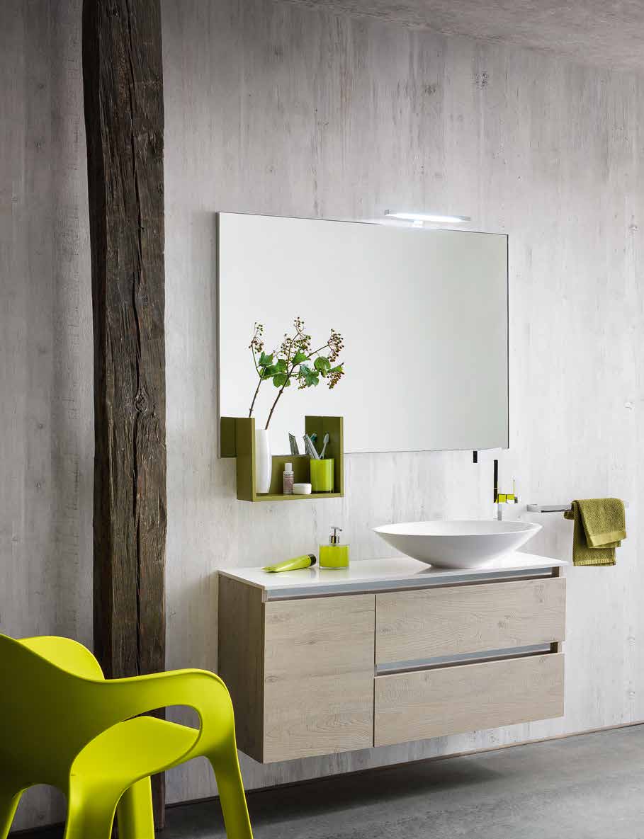 Mobile bagno di design con lavabo ad appoggio, specchio con LED e pensili,  rovere. L.135 x P.50 cm